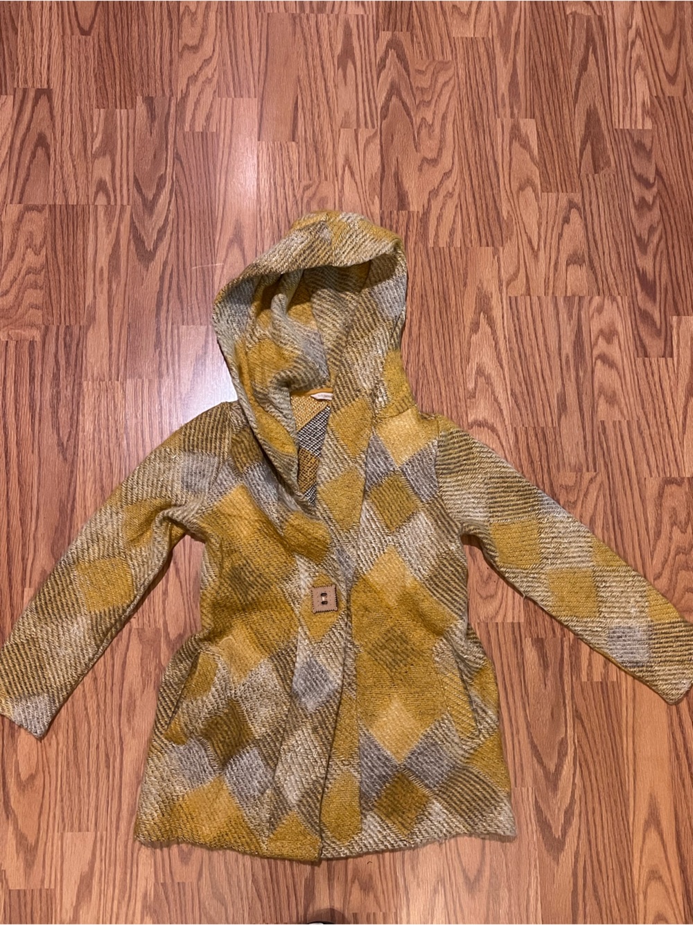 Soft Surroundings Mustard and Gray Diamond Knit Hooded Cardigan